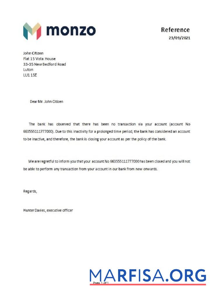 Blank United Kingdom Monzo bank closure reference download for verification